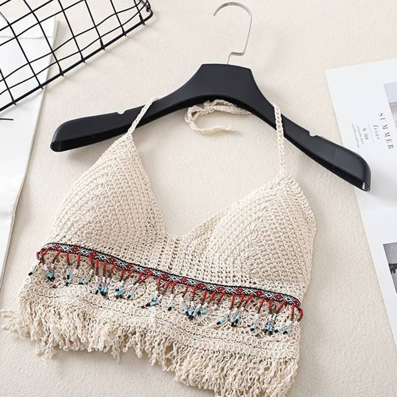 Handmade Crochet Halter Top – Boho Fringe Festival knit Crop Top Tank
