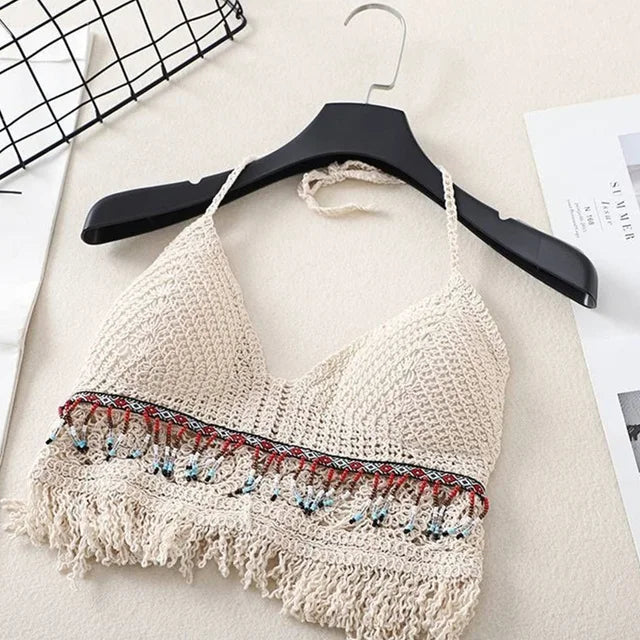 Handmade Crochet Halter Top – Boho Fringe Festival knit Crop Top Tank
