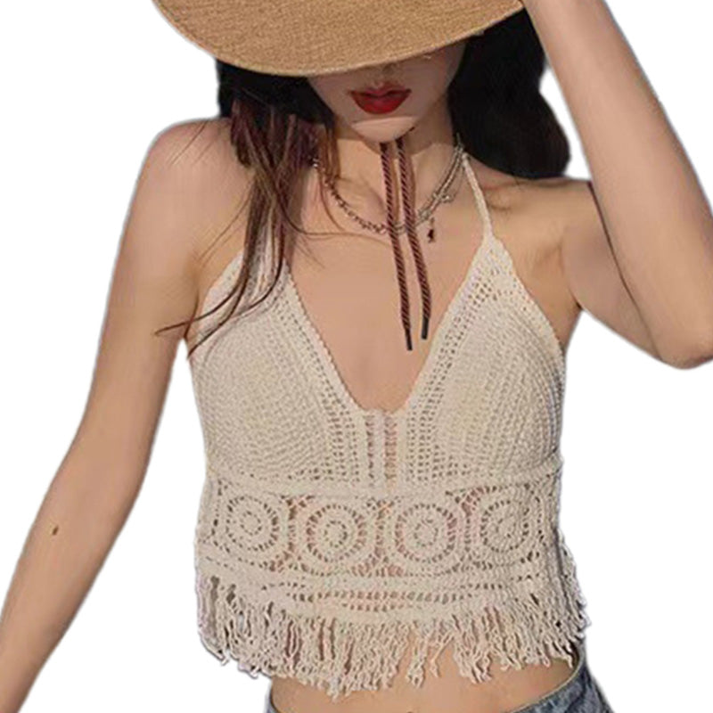 Handmade Crochet Halter Top – Boho Fringe Festival knit Crop Top Tank