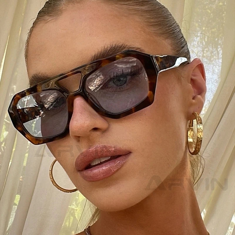 Vintage Double Bridge Square Sunglasses Thick Frame Eyewear UV400 Lens Polygon Sun Glasses in Leopard Blue and more