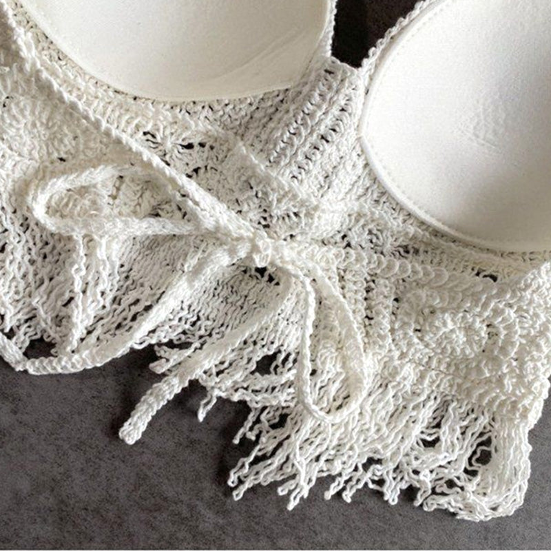 Handmade Crochet Halter Top – Boho Fringe Festival knit Crop Top Tank