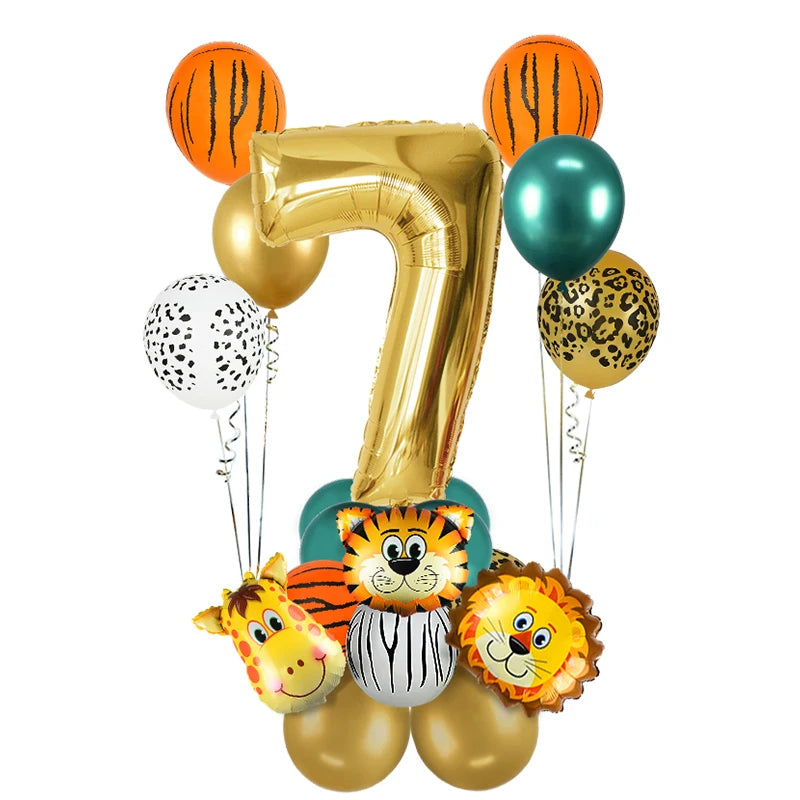 1st Birthday Jungle Safari Balloon Set - Gold Number 1 through 8 and Animal Print Decorations - Lion, Tiger, Zebra, Giraffe Balloons 18Pcs