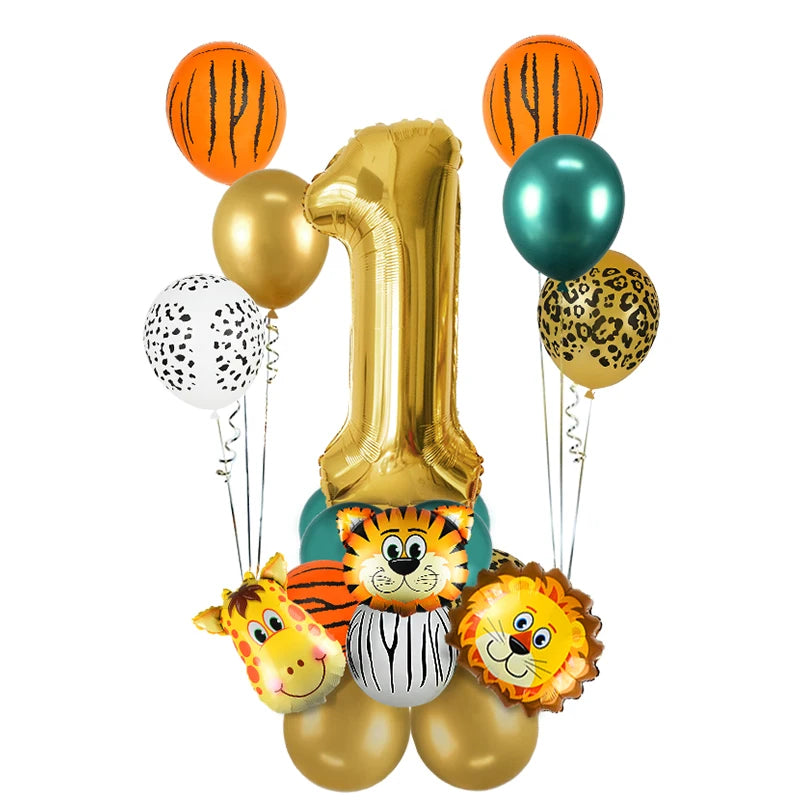 1st Birthday Jungle Safari Balloon Set - Gold Number 1 through 8 and Animal Print Decorations - Lion, Tiger, Zebra, Giraffe Balloons 18Pcs