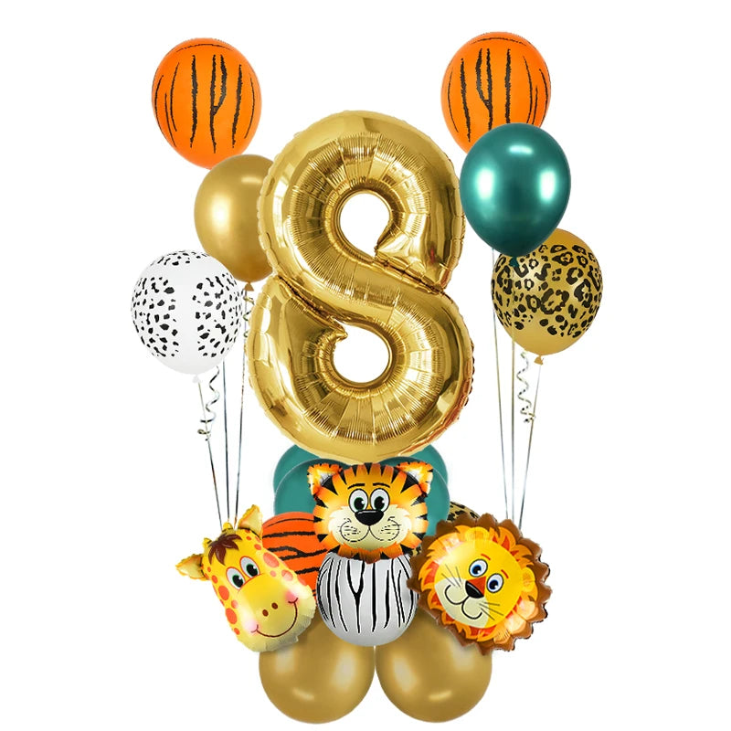 1st Birthday Jungle Safari Balloon Set - Gold Number 1 through 8 and Animal Print Decorations - Lion, Tiger, Zebra, Giraffe Balloons 18Pcs