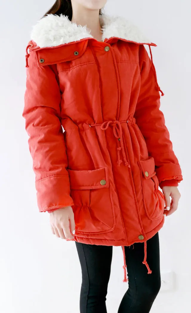 Women Winter Jacket Thick Hooded Long Down Coat with Slimming Waist Fur Collar Windproof