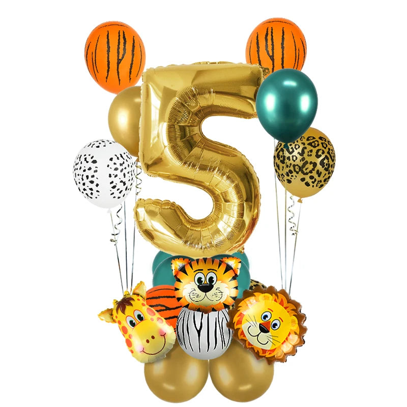 1st Birthday Jungle Safari Balloon Set - Gold Number 1 through 8 and Animal Print Decorations - Lion, Tiger, Zebra, Giraffe Balloons 18Pcs