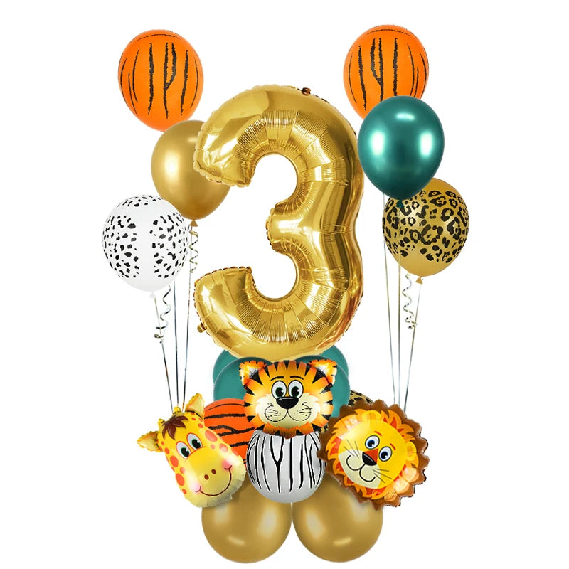 1st Birthday Jungle Safari Balloon Set - Gold Number 1 through 8 and Animal Print Decorations - Lion, Tiger, Zebra, Giraffe Balloons 18Pcs