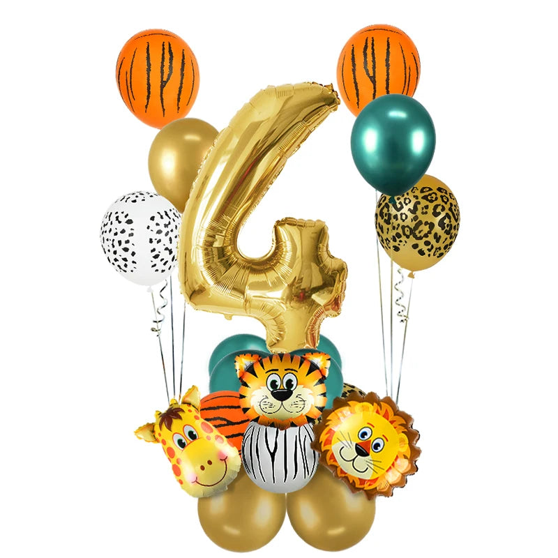 1st Birthday Jungle Safari Balloon Set - Gold Number 1 through 8 and Animal Print Decorations - Lion, Tiger, Zebra, Giraffe Balloons 18Pcs