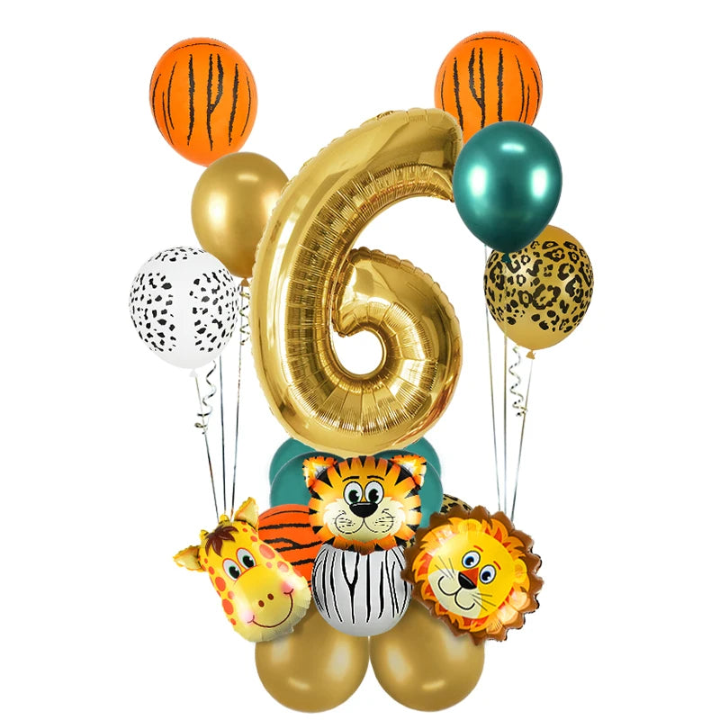 1st Birthday Jungle Safari Balloon Set - Gold Number 1 through 8 and Animal Print Decorations - Lion, Tiger, Zebra, Giraffe Balloons 18Pcs