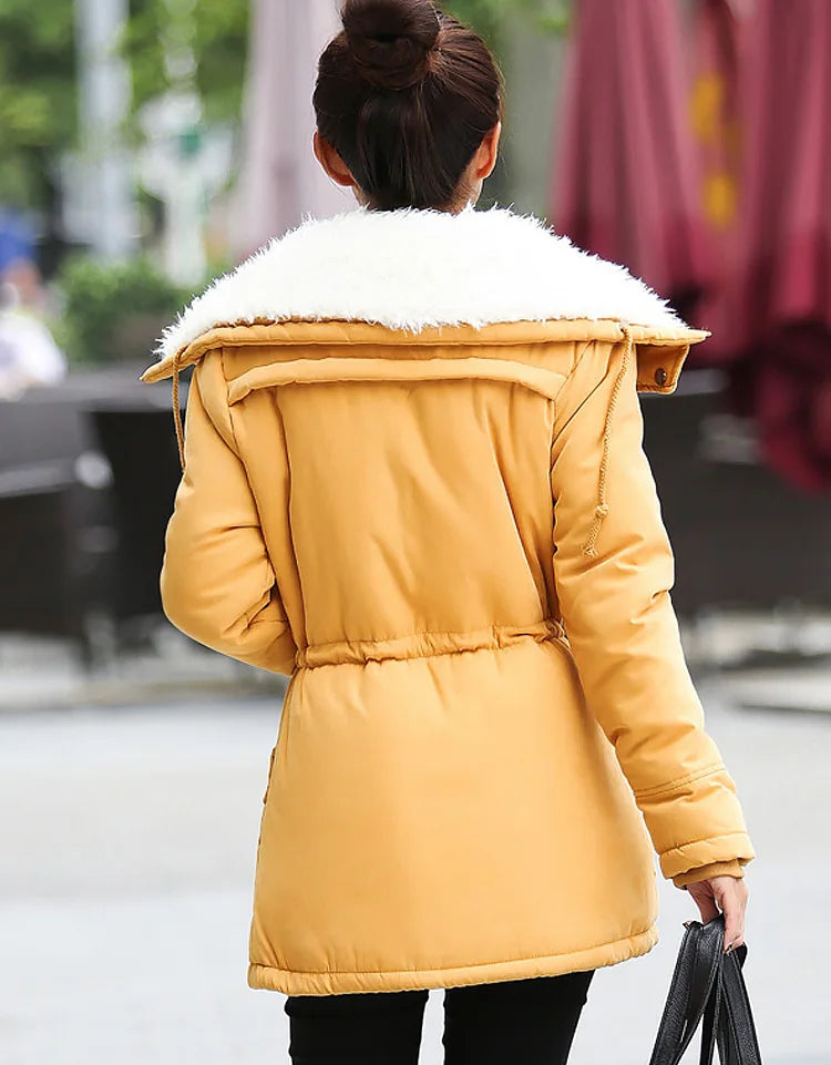 Women Winter Jacket Thick Hooded Long Down Coat with Slimming Waist Fur Collar Windproof