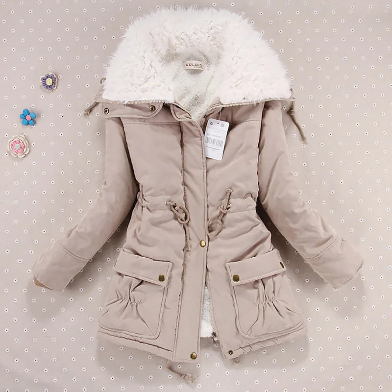 Women Winter Jacket Thick Hooded Long Down Coat with Slimming Waist Fur Collar Windproof