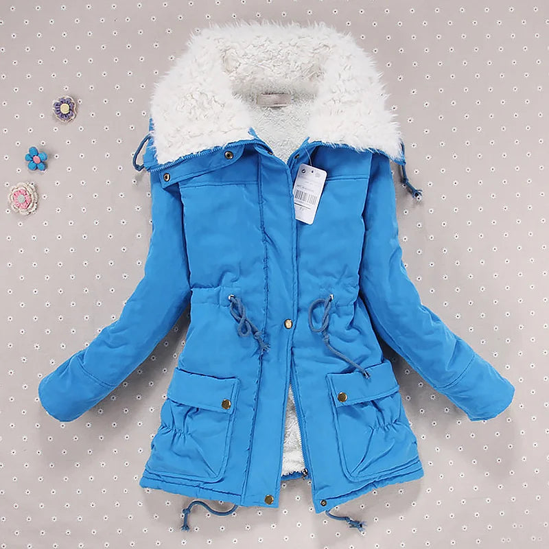 Women Winter Jacket Thick Hooded Long Down Coat with Slimming Waist Fur Collar Windproof