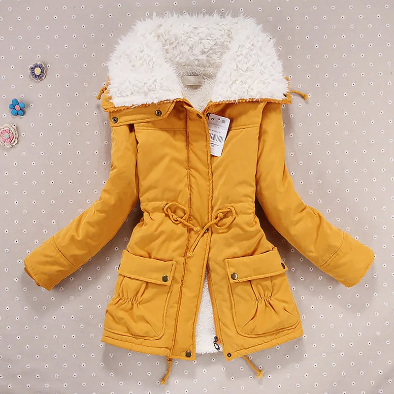 Women Winter Jacket Thick Hooded Long Down Coat with Slimming Waist Fur Collar Windproof