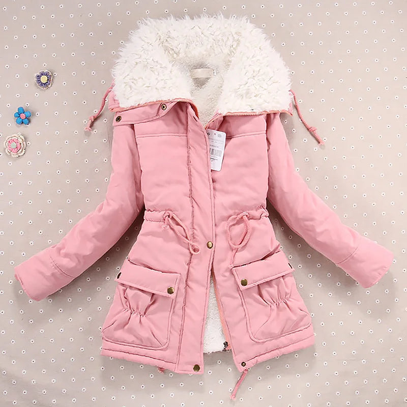 Women Winter Jacket Thick Hooded Long Down Coat with Slimming Waist Fur Collar Windproof