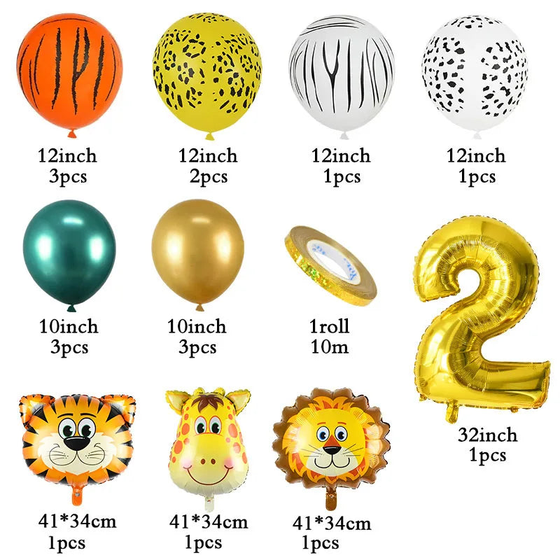 1st Birthday Jungle Safari Balloon Set - Gold Number 1 through 8 and Animal Print Decorations - Lion, Tiger, Zebra, Giraffe Balloons 18Pcs