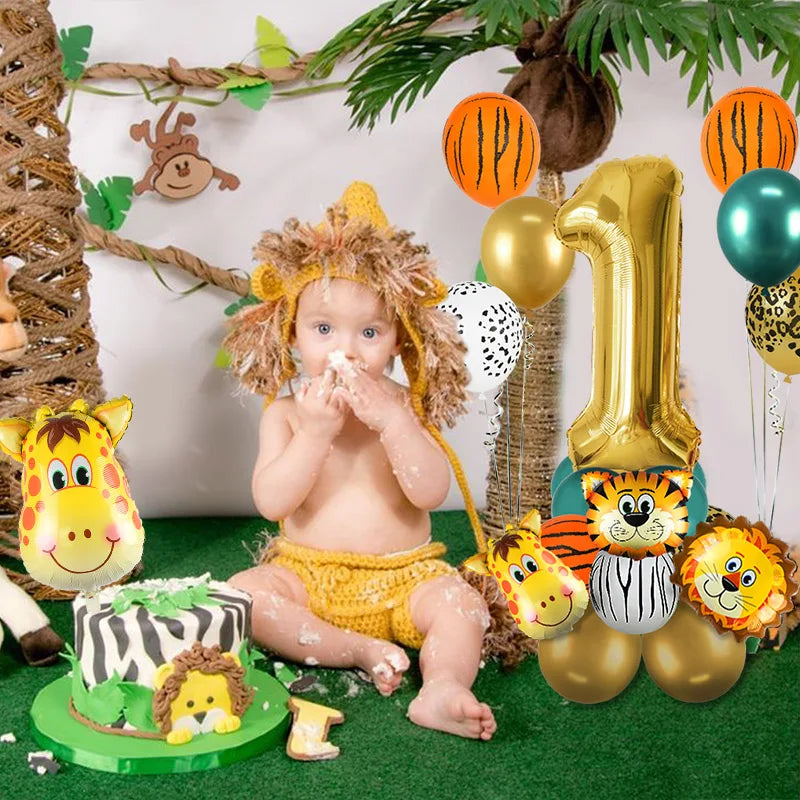 1st Birthday Jungle Safari Balloon Set - Gold Number 1 through 8 and Animal Print Decorations - Lion, Tiger, Zebra, Giraffe Balloons 18Pcs