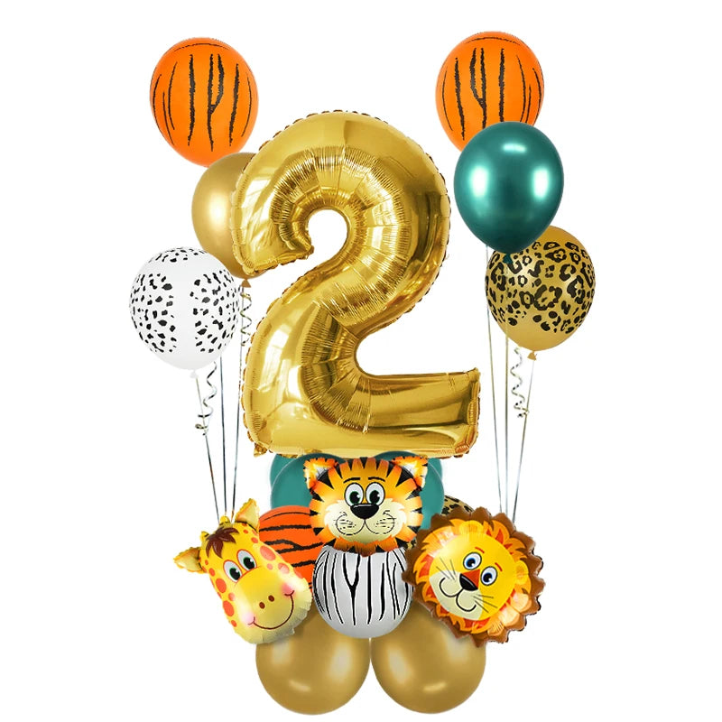 1st Birthday Jungle Safari Balloon Set - Gold Number 1 through 8 and Animal Print Decorations - Lion, Tiger, Zebra, Giraffe Balloons 18Pcs