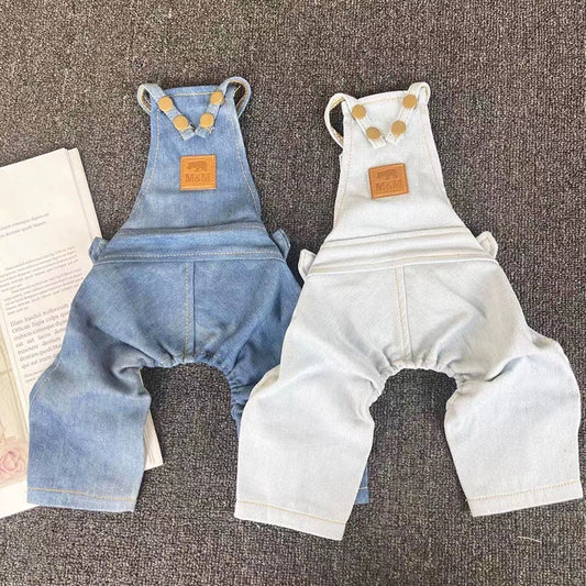 DOGGY DRIP Denim Two-Tone Overalls Jumper Suit Casual Teddy Bichon Dog Clothes Blue White Pet Clothes