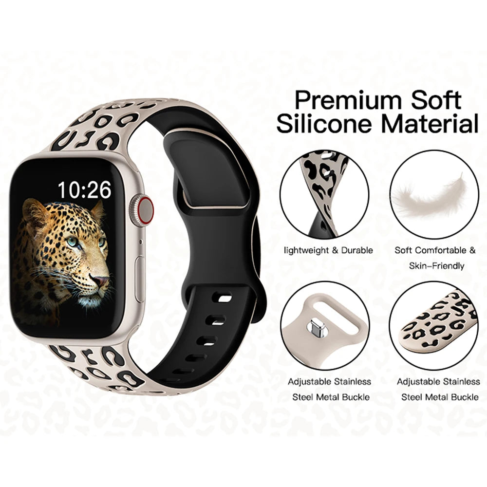 Engraved Leopard Print Strap For Apple Watch Band 45mm 44mm 42mm 41mm 40mm 49mm 44 mm Silicone Correa Bracelet Series 8 9 7 SE 6 5 4 3 Ultra 2