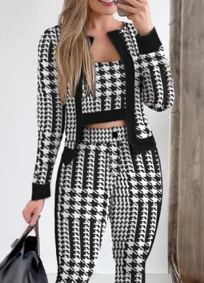 3 Piece Outfit Set Flattering Plaid Print Crop Top & Pants Set With Coat Elegant Fashion Casual Female Set