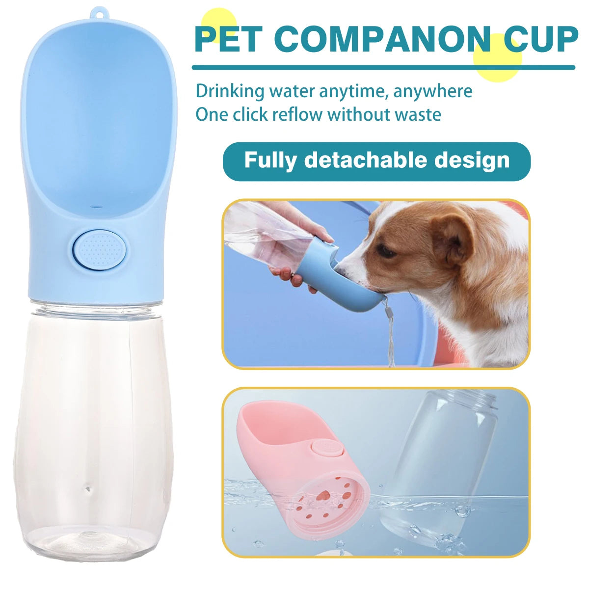 350ml 450ml Portable drinking water bottle for pets dogs and cats, food grade materials, detachable perfect for outdoor with lanyard carrying loop 350ml 450ml sizes