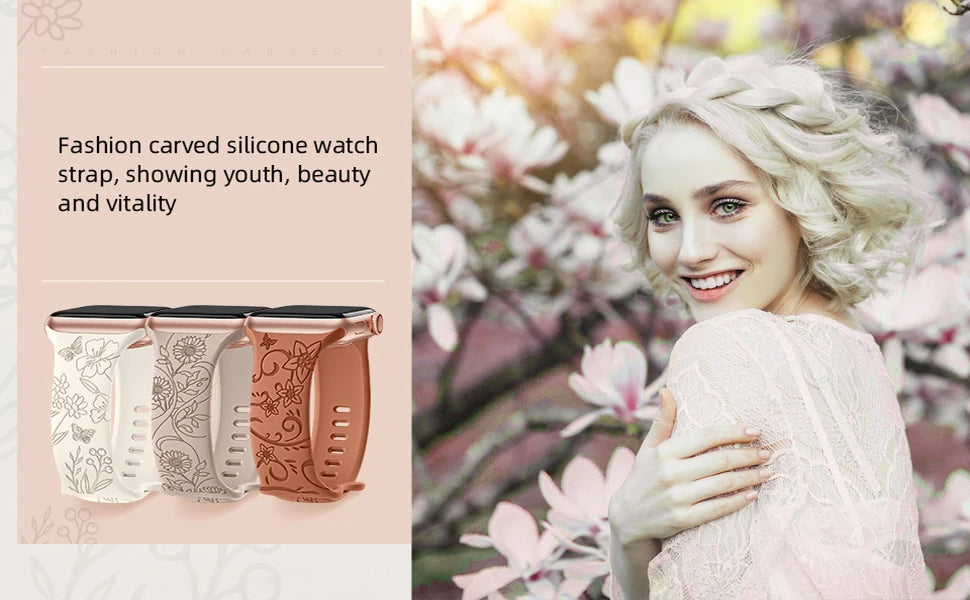 Floral Engraved Strap For Apple Watch Band 40mm 44mm