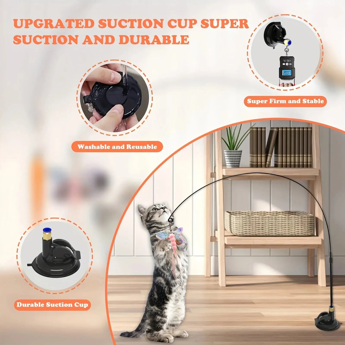 Cat Toy Teaser Stick With Bell Feather, Long Rod with Suction Cup