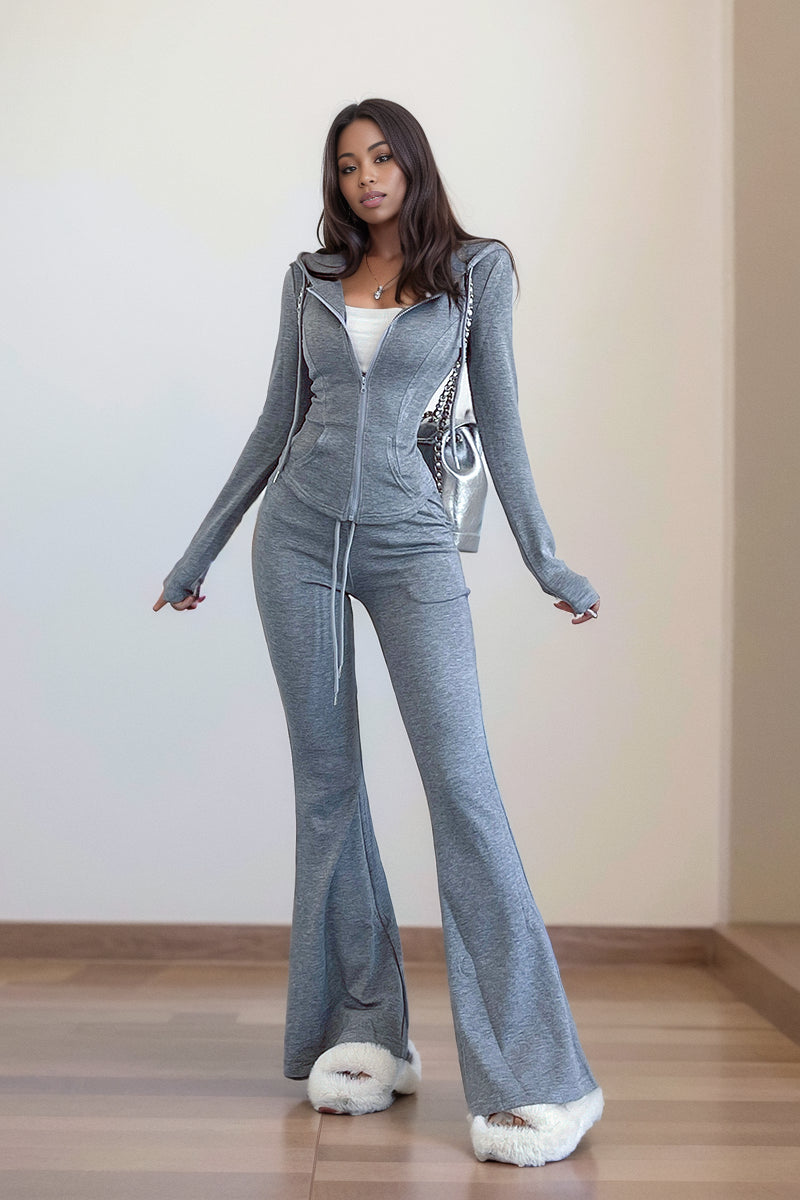 Liviahome 2 piece outfit - Zip-up hoodie Jacket with Drawstring and Flare Bottom Pants with Elastic Waist- Two-piece Set