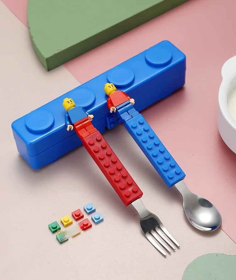 Kids Fork and Spoon Travel Set Building Block Lego Toy Portable Tableware with Storage Box 304 Stainless