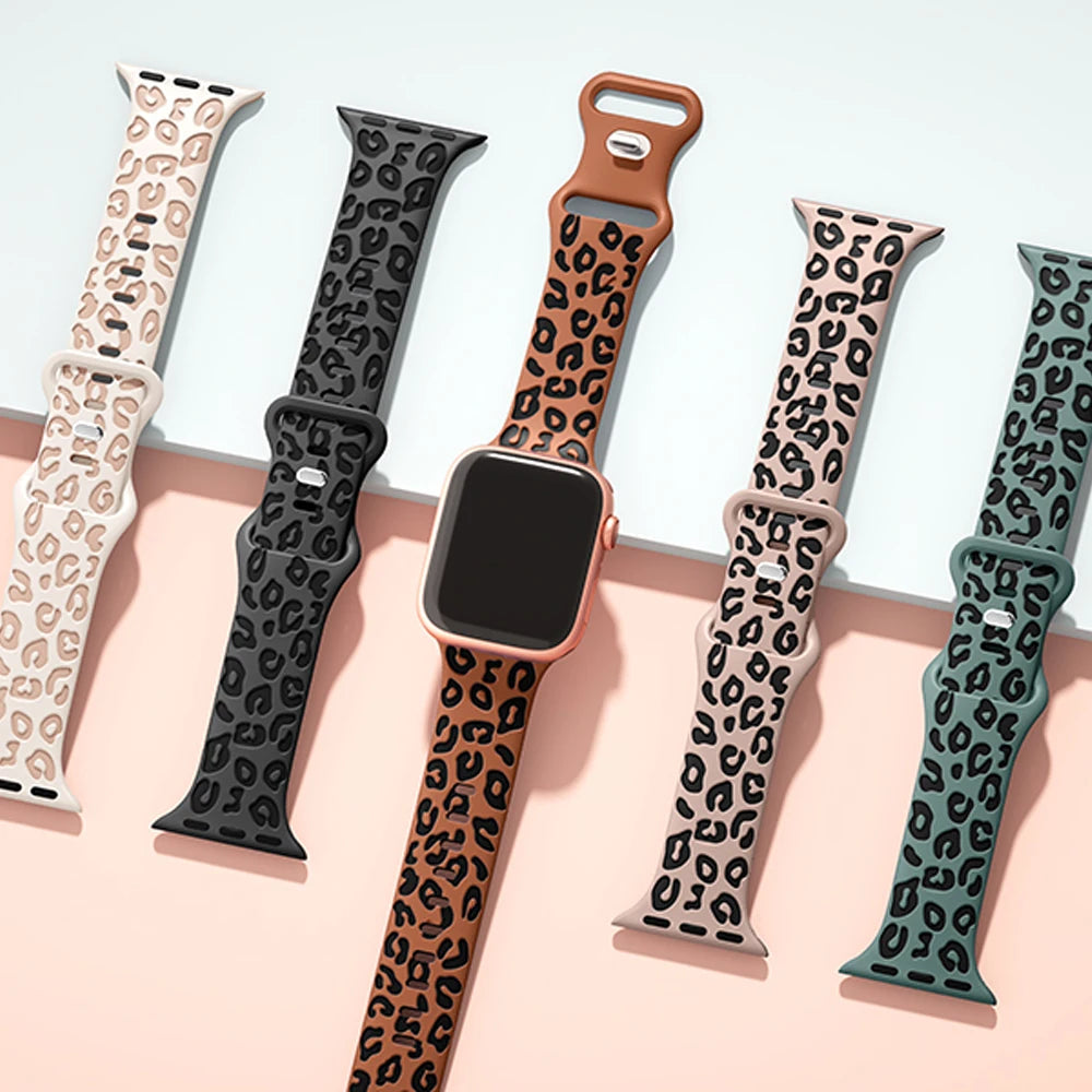 Engraved Leopard Print Strap For Apple Watch Band 45mm 44mm 42mm 41mm 40mm 49mm 44 mm Silicone Correa Bracelet Series 8 9 7 SE 6 5 4 3 Ultra 2