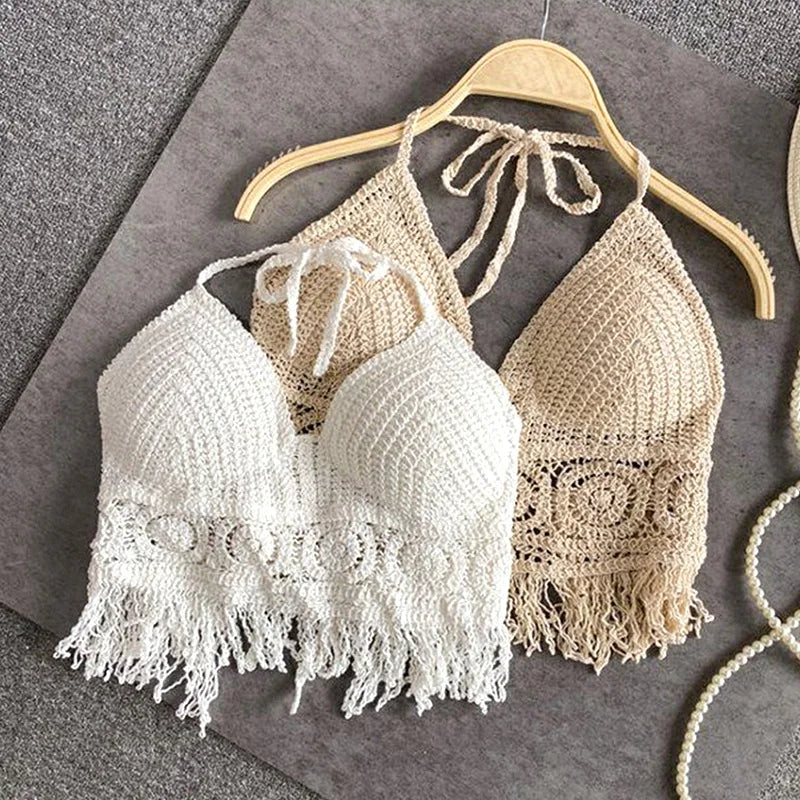 Handmade Crochet Halter Top – Boho Fringe Festival knit Crop Top Tank