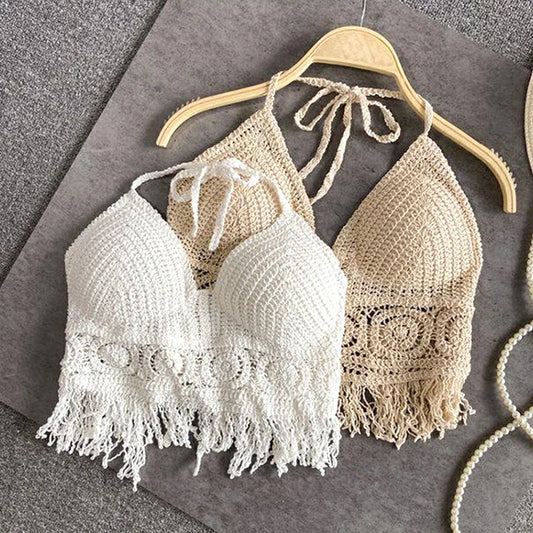 Handmade Crochet Halter Top – Boho Fringe Festival knit Crop Top Tank