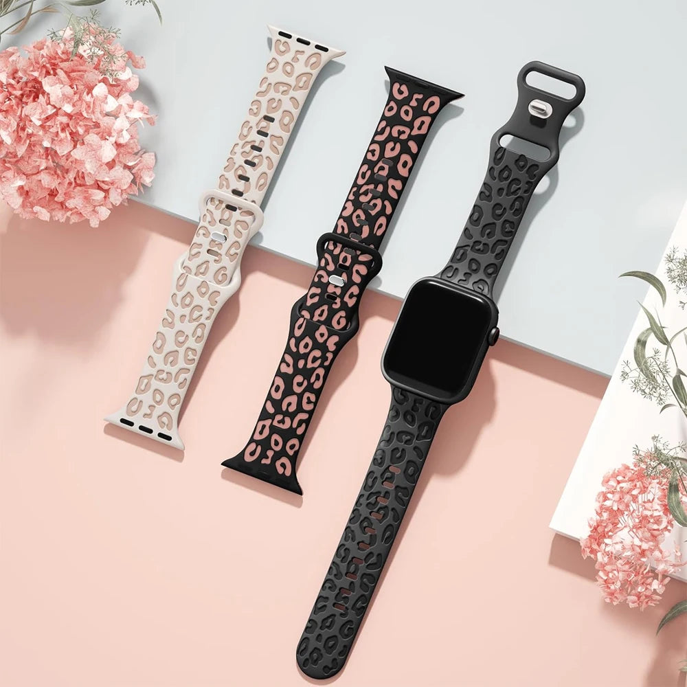 Engraved Leopard Print Strap For Apple Watch Band 45mm 44mm 42mm 41mm 40mm 49mm 44 mm Silicone Correa Bracelet Series 8 9 7 SE 6 5 4 3 Ultra 2