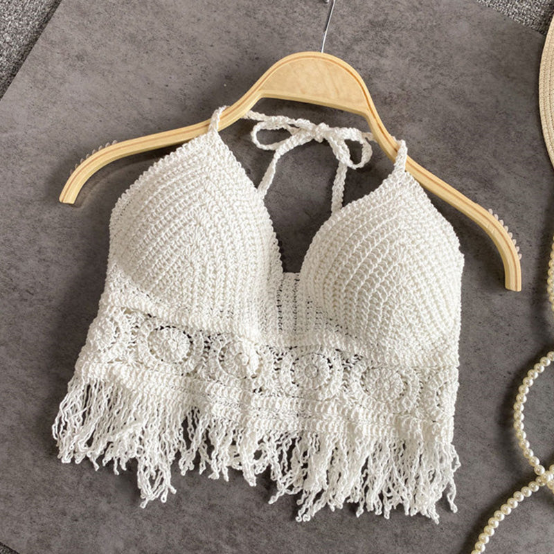 Handmade Crochet Halter Top – Boho Fringe Festival knit Crop Top Tank