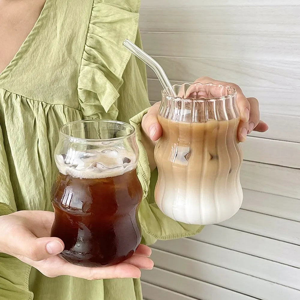 Ins Glass Cup Heat-resistant Tumbler Drinkware Transparent Tea Juice Milk Coffee Mug Home Water Glasses Stripe Mug 410/650/530ml