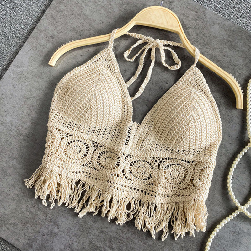 Handmade Crochet Halter Top – Boho Fringe Festival knit Crop Top Tank