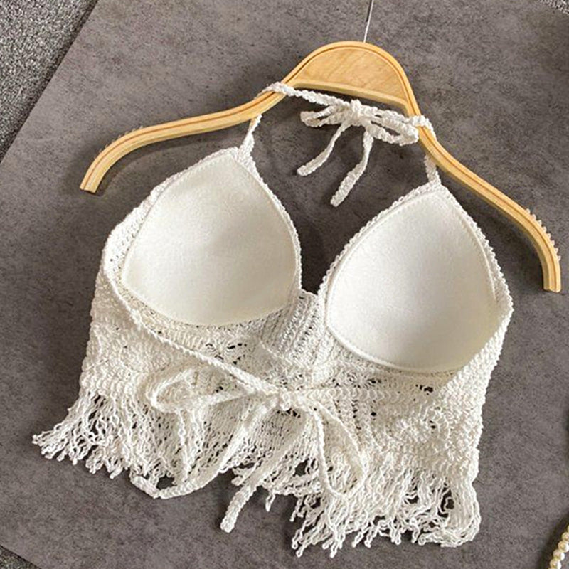 Handmade Crochet Halter Top – Boho Fringe Festival knit Crop Top Tank