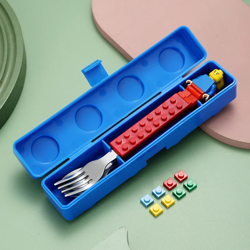 Kids Fork and Spoon Travel Set Building Block Lego Toy Portable Tableware with Storage Box 304 Stainless