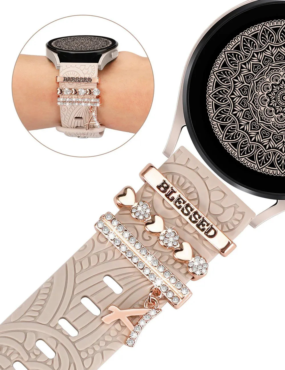 Watch Band with Charms for Samsung Galaxy Watch 6/5/4 40mm 44mm with 20mm Boho Engraved Silicone Bands Bracelet