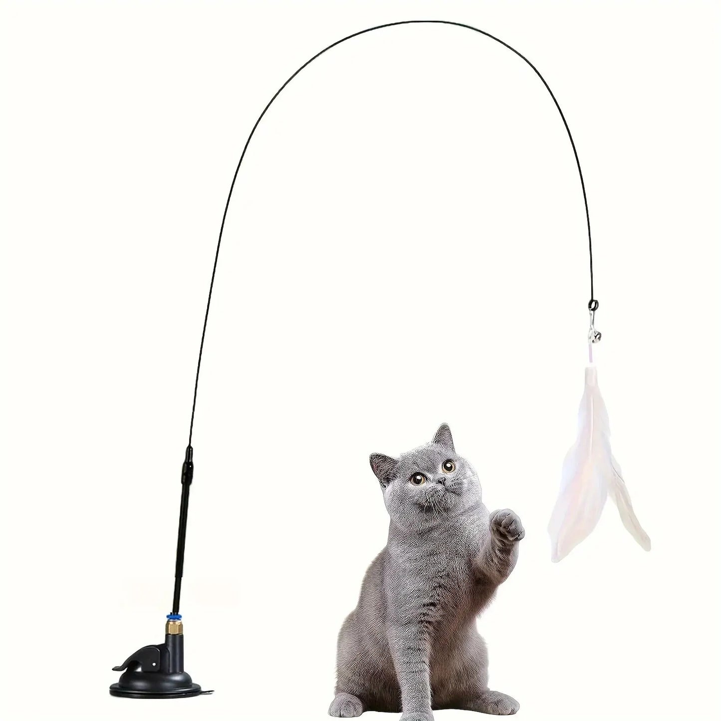 Cat Toy Teaser Stick With Bell Feather, Long Rod with Suction Cup