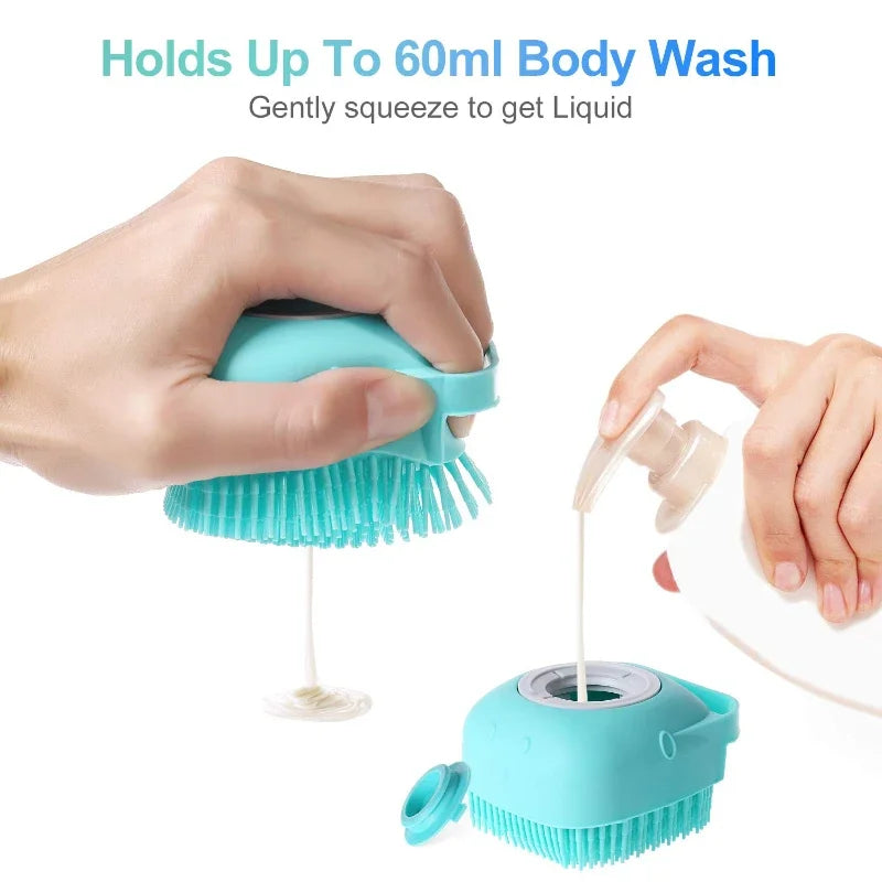 Pet Dog Shampoo Brush 2.7oz 80ml Cat Massage Comb Grooming Scrubber for Bathing - Soft Silicone Rubber - Fills up to 60ml of shampoo - with Handle