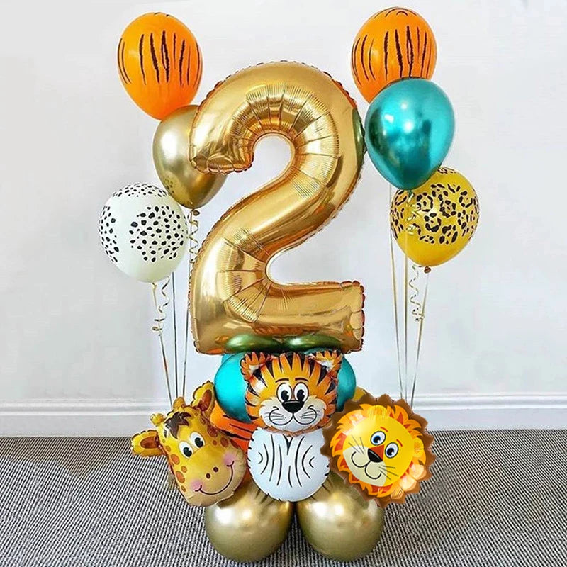 1st Birthday Jungle Safari Balloon Set - Gold Number 1 through 8 and Animal Print Decorations - Lion, Tiger, Zebra, Giraffe Balloons 18Pcs