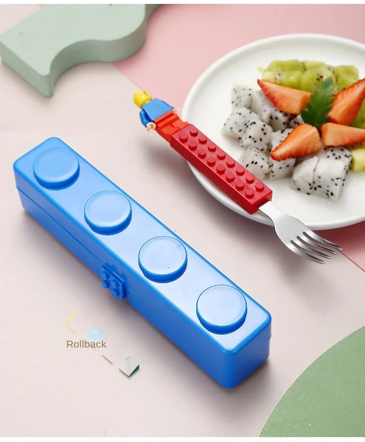 Kids Fork and Spoon Travel Set Building Block Lego Toy Portable Tableware with Storage Box 304 Stainless