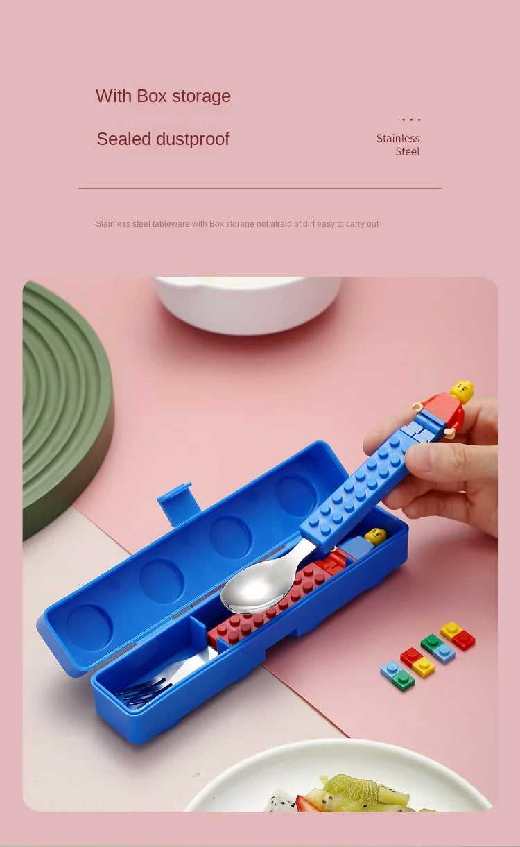 Kids Fork and Spoon Travel Set Building Block Lego Toy Portable Tableware with Storage Box 304 Stainless