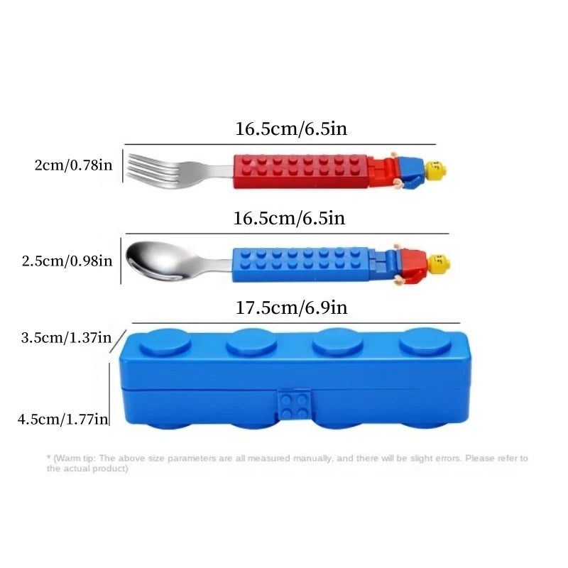 Kids Fork and Spoon Travel Set Building Block Lego Toy Portable Tableware with Storage Box 304 Stainless