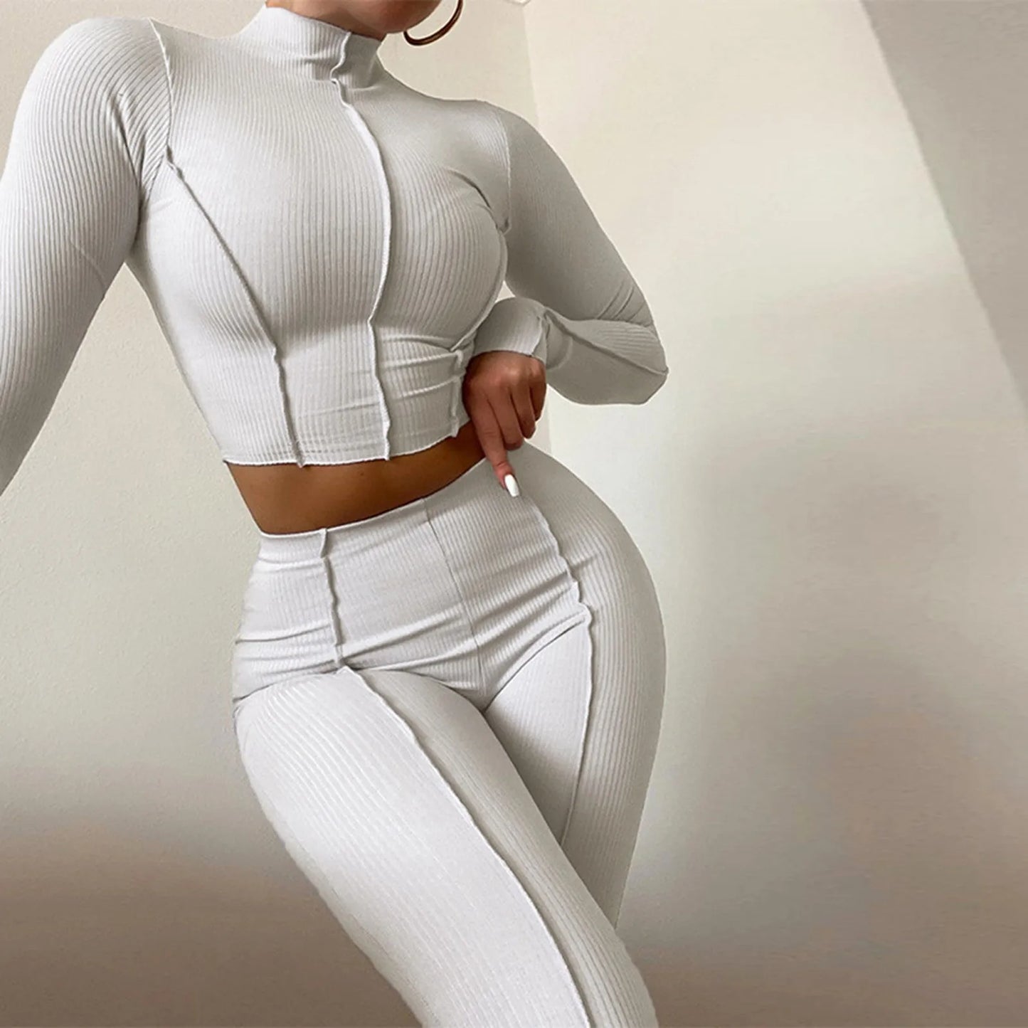 Contrast Stitch Backless Bodycon Loungewear Two Piece Set Outfits White Slimming Bodycon Womens Clothes