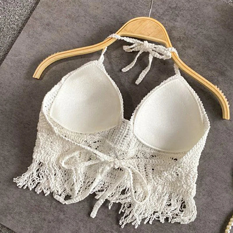 Handmade Crochet Halter Top – Boho Fringe Festival knit Crop Top Tank