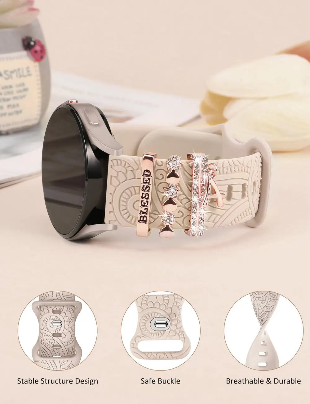 Watch Band with Charms for Samsung Galaxy Watch 6/5/4 40mm 44mm with 20mm Boho Engraved Silicone Bands Bracelet