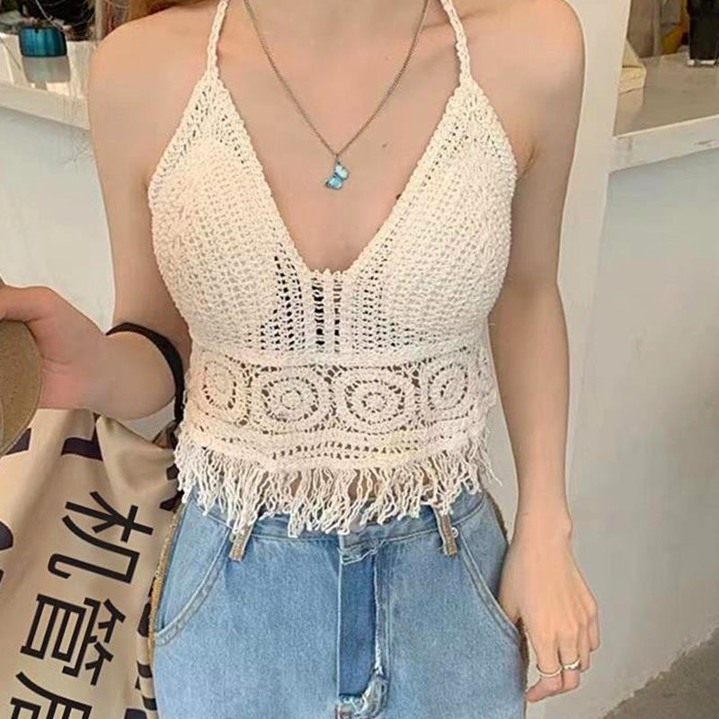 Handmade Crochet Halter Top – Boho Fringe Festival knit Crop Top Tank