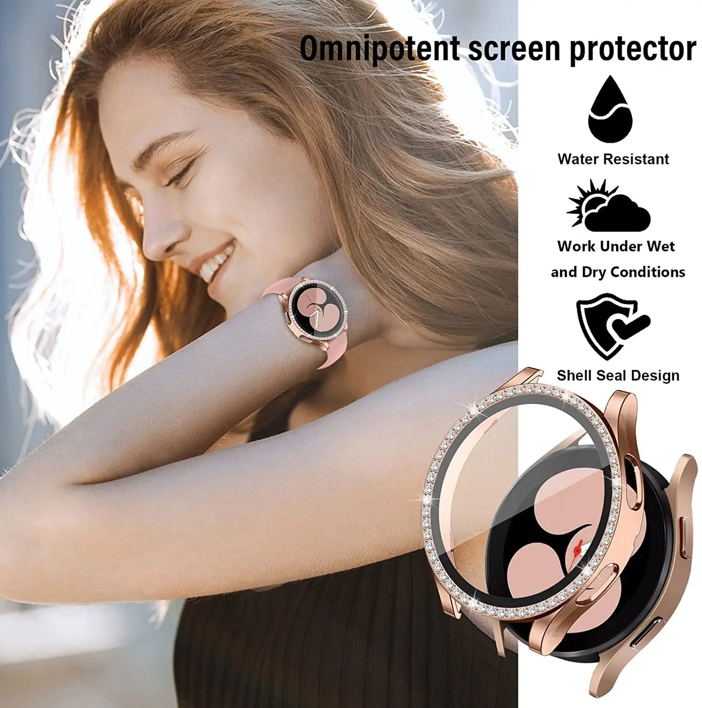 Glass+Case for samsung Galaxy watch 5/4 44mm 40mm Accessories Bling Diamond PC bumper+Screen protector Galaxy watch4 cover